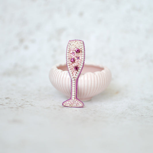 Pink Wine Glass Embroidered Brooch, Prosecco Glass Brooch