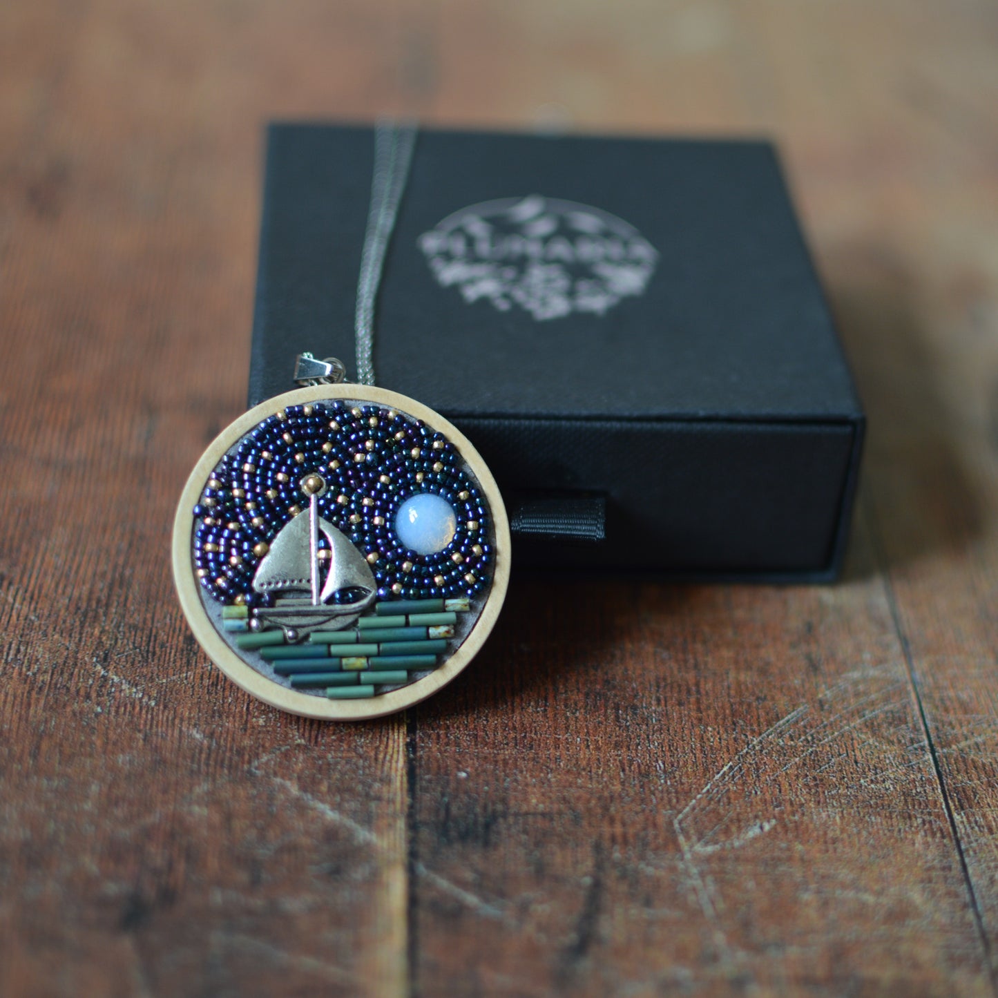 Night Sky and Sailboat Necklace, Stars and Full Moon Beaded Pendant