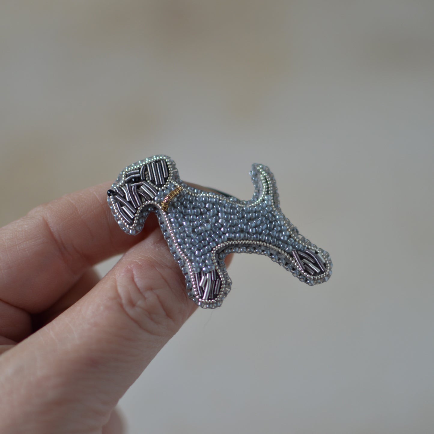 Light Grey Schnauzer Bead Embroidery Brooch
