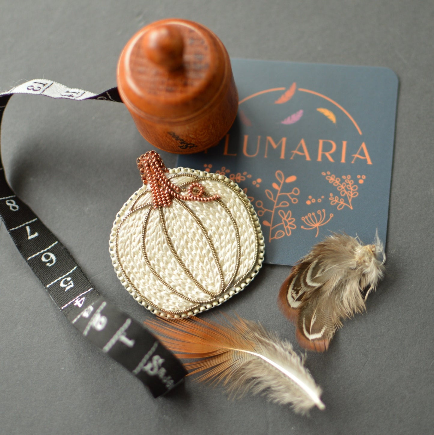 White pumpkin embroidered brooch