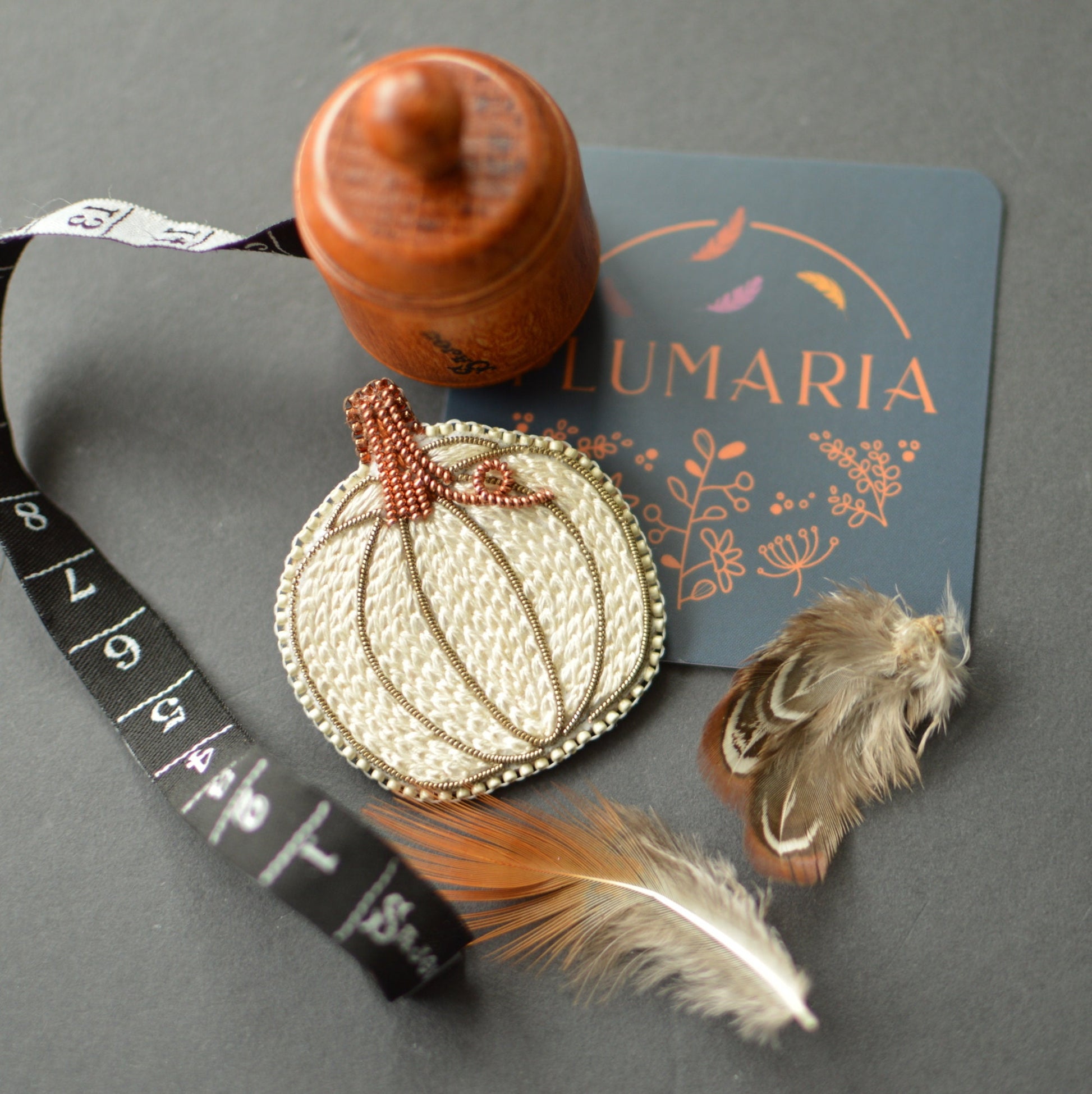 White pumpkin embroidered brooch