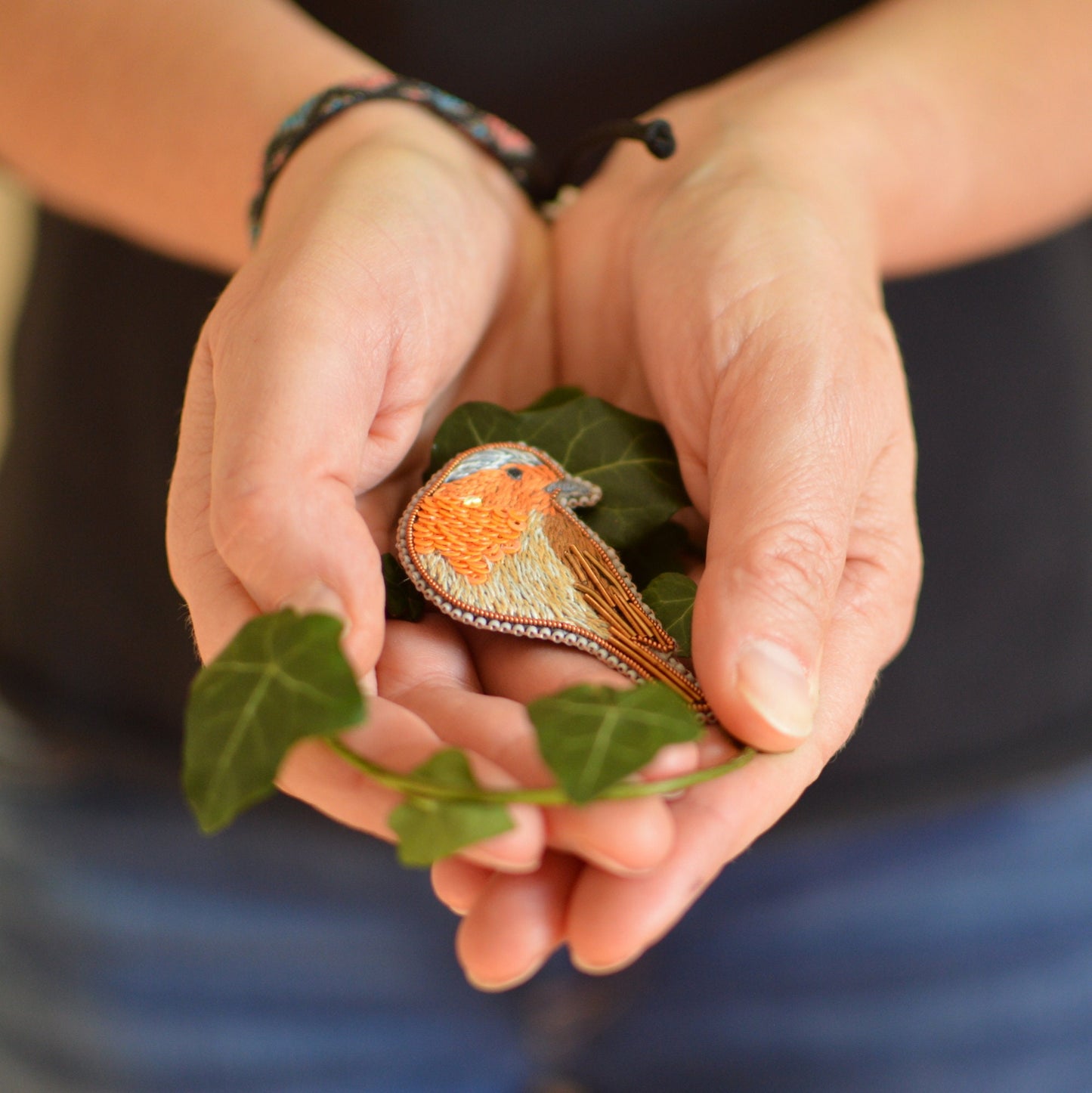 Embroidered robin brooch