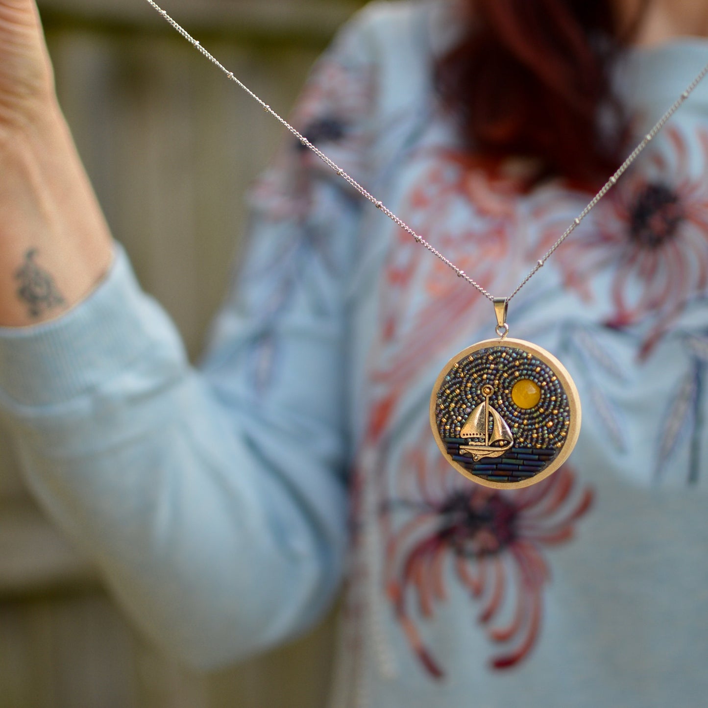 Night Sky and Sailboat Necklace, Stars and Full Moon Beaded Pendant