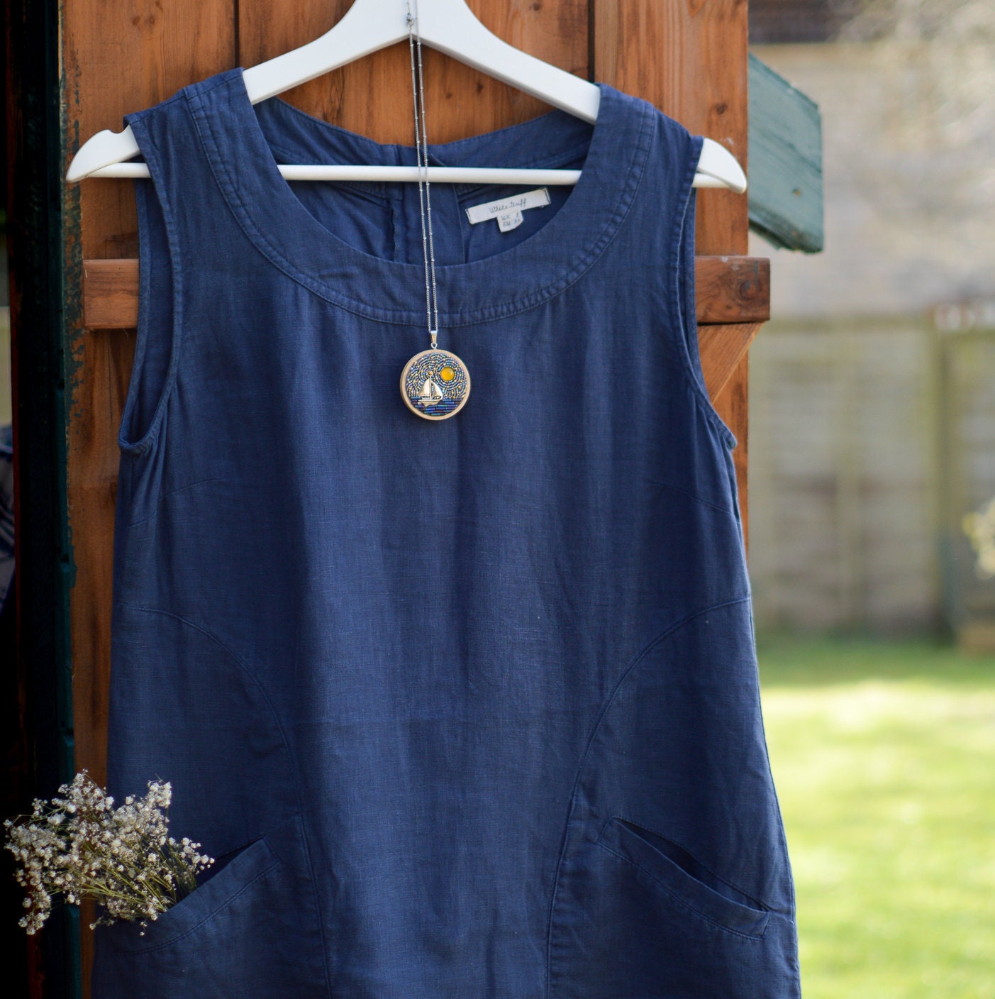 Night Sky and Sailboat Necklace, Stars and Full Moon Beaded Pendant