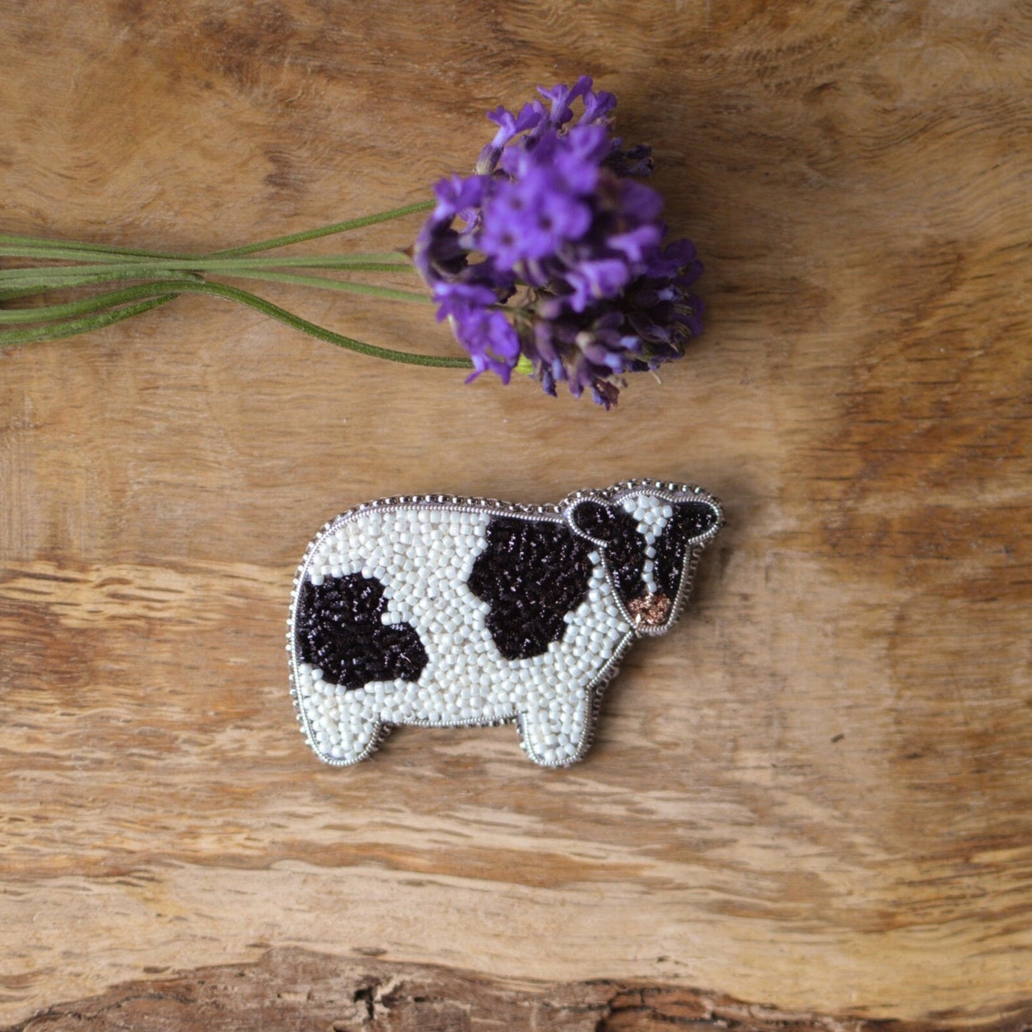 Bead Embroidery Cow Brooch