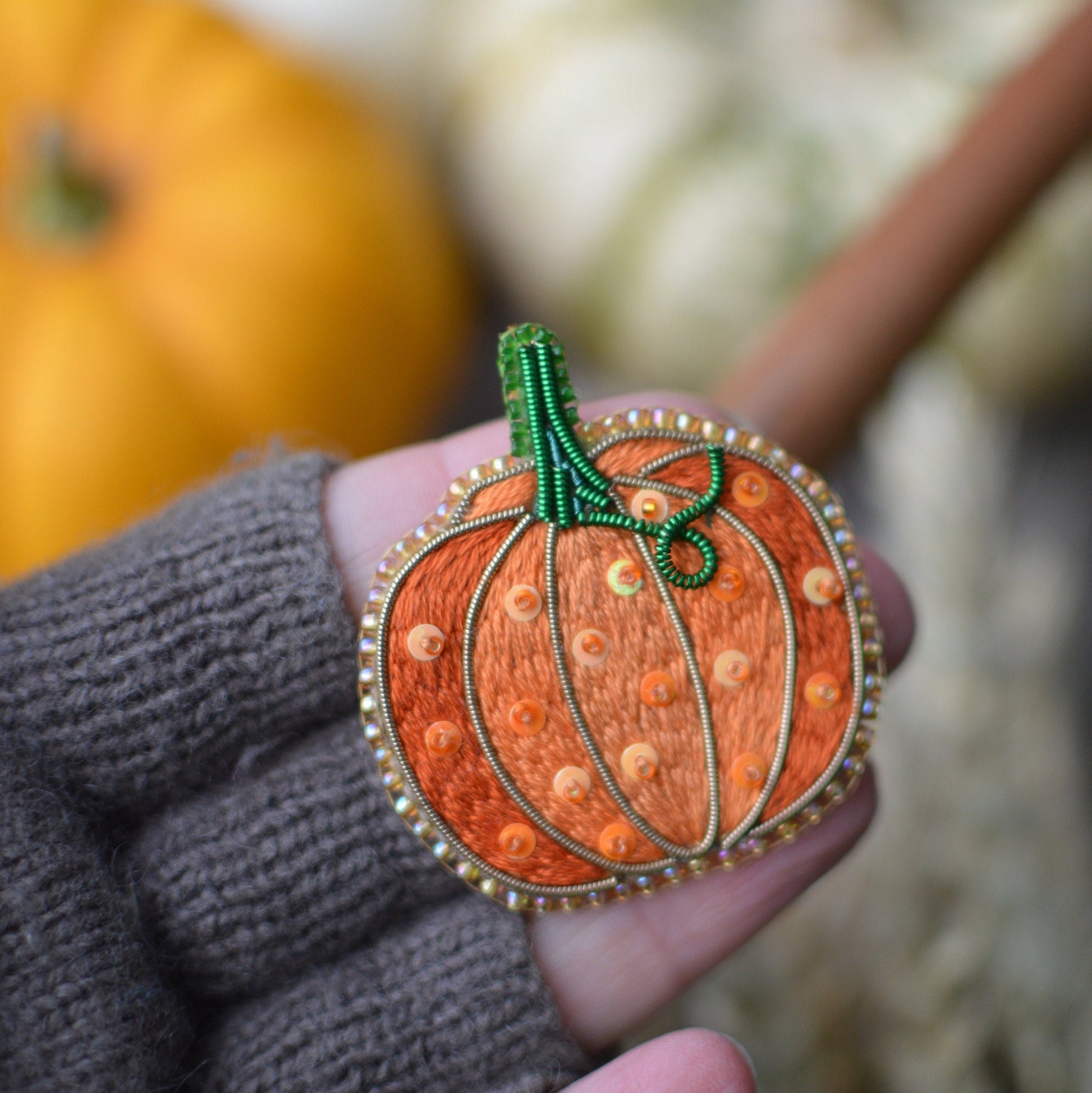 Embroidered Orange Pumpkin Brooch
