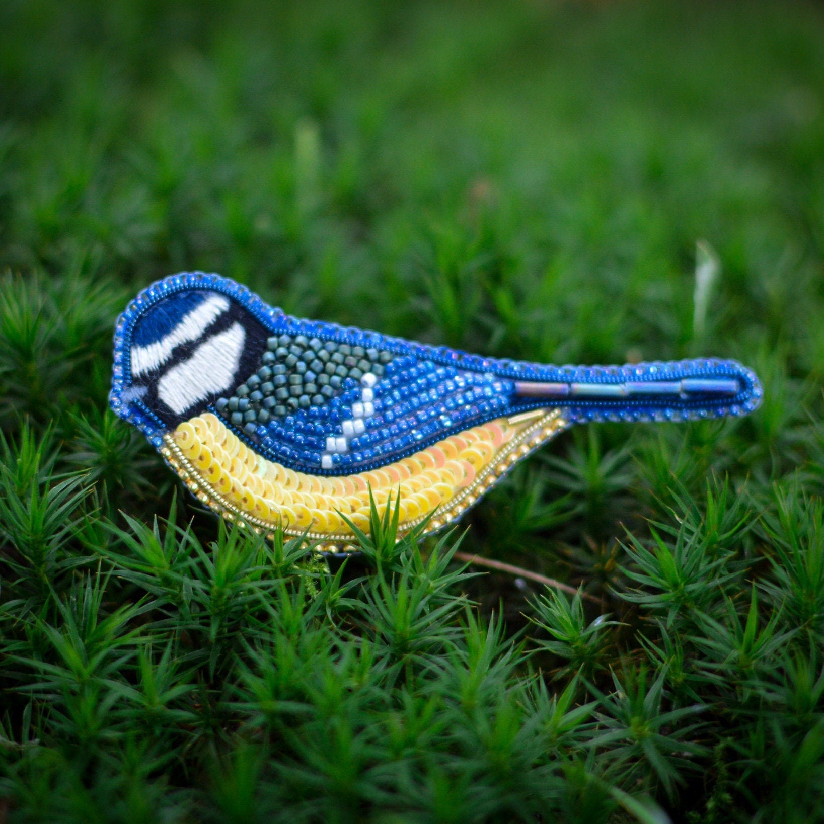 blue tit bead embroidered brooch