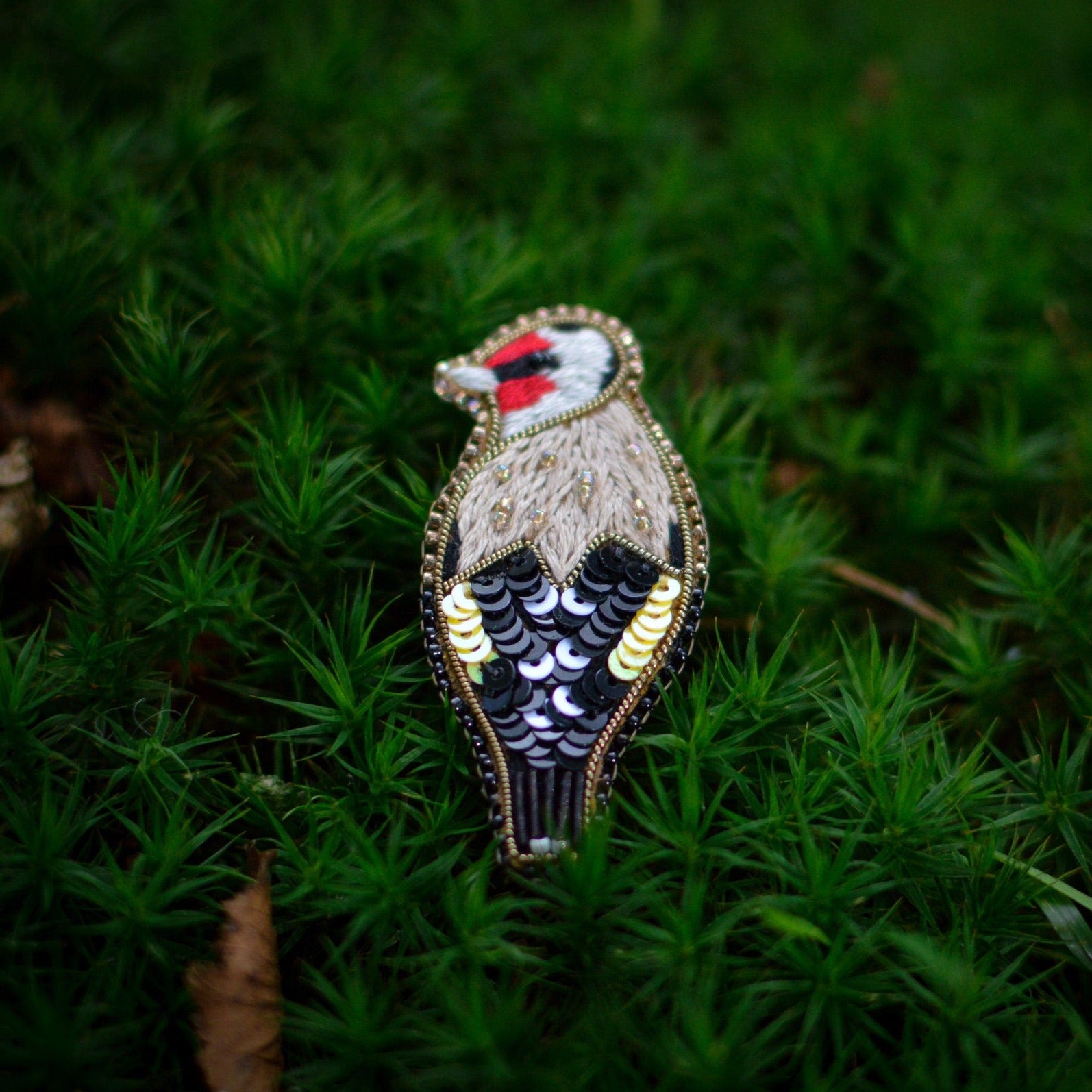 Embroidered goldfinch brooch