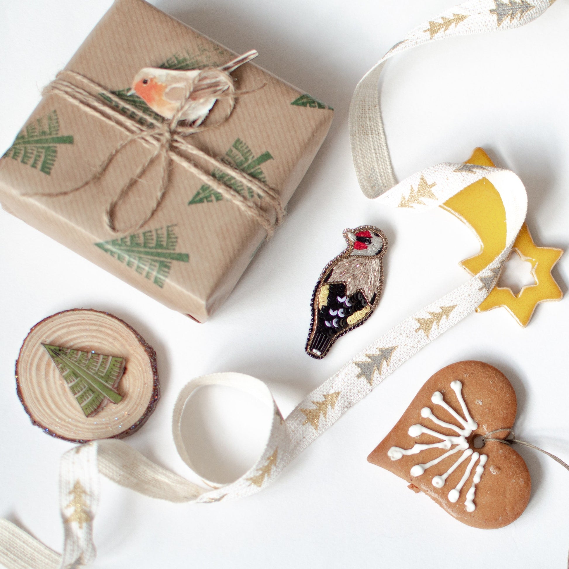 Embroidered goldfinch brooch