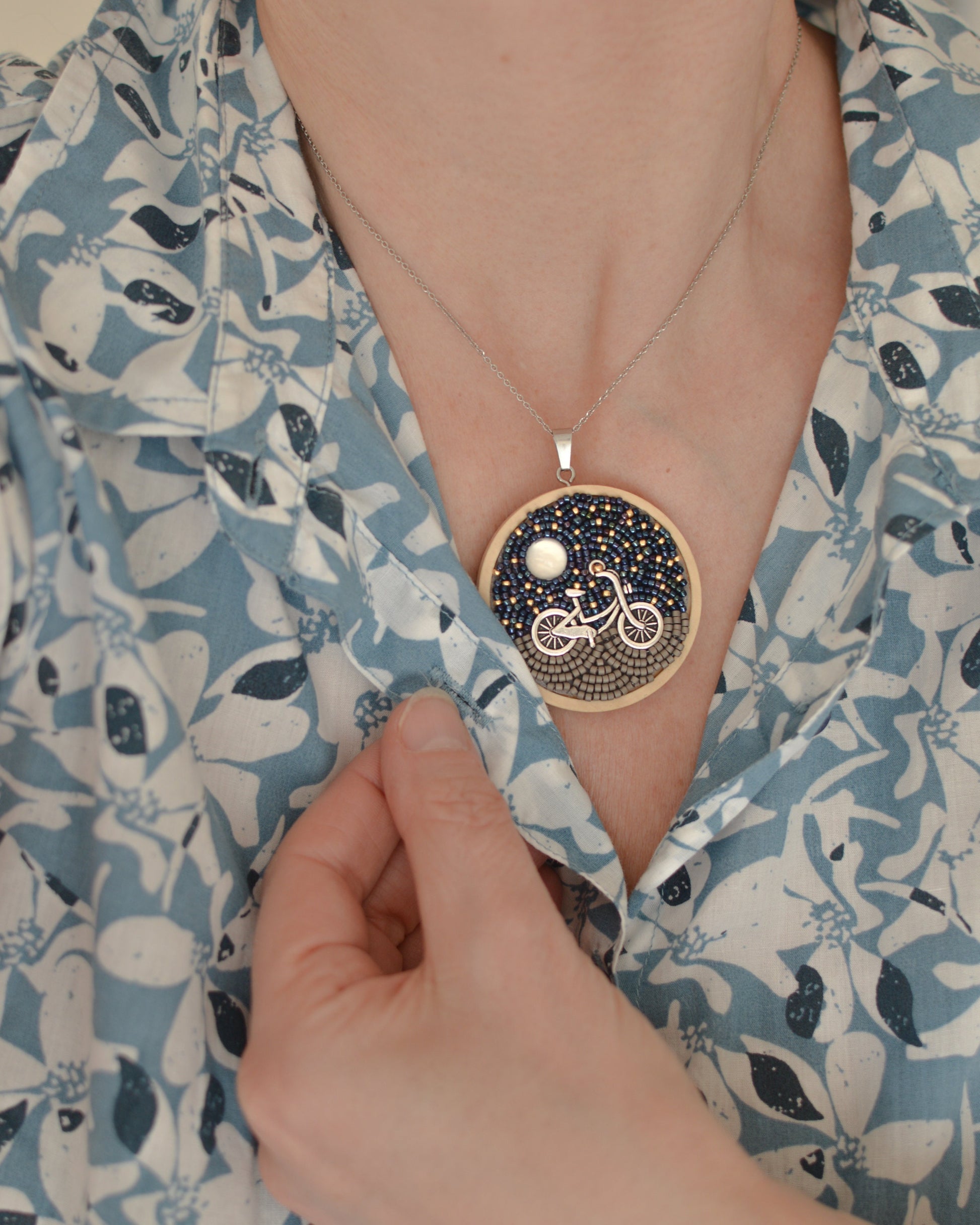 Bead embroidery bicycle and starry night necklace