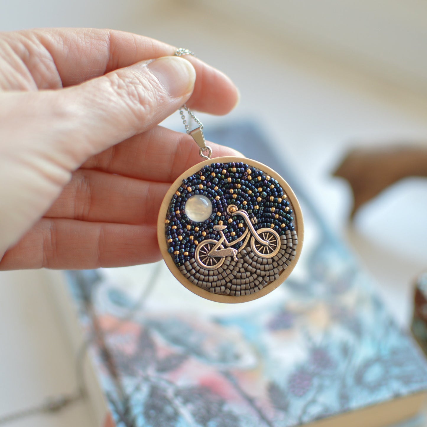 Bead embroidery bicycle and starry night necklace