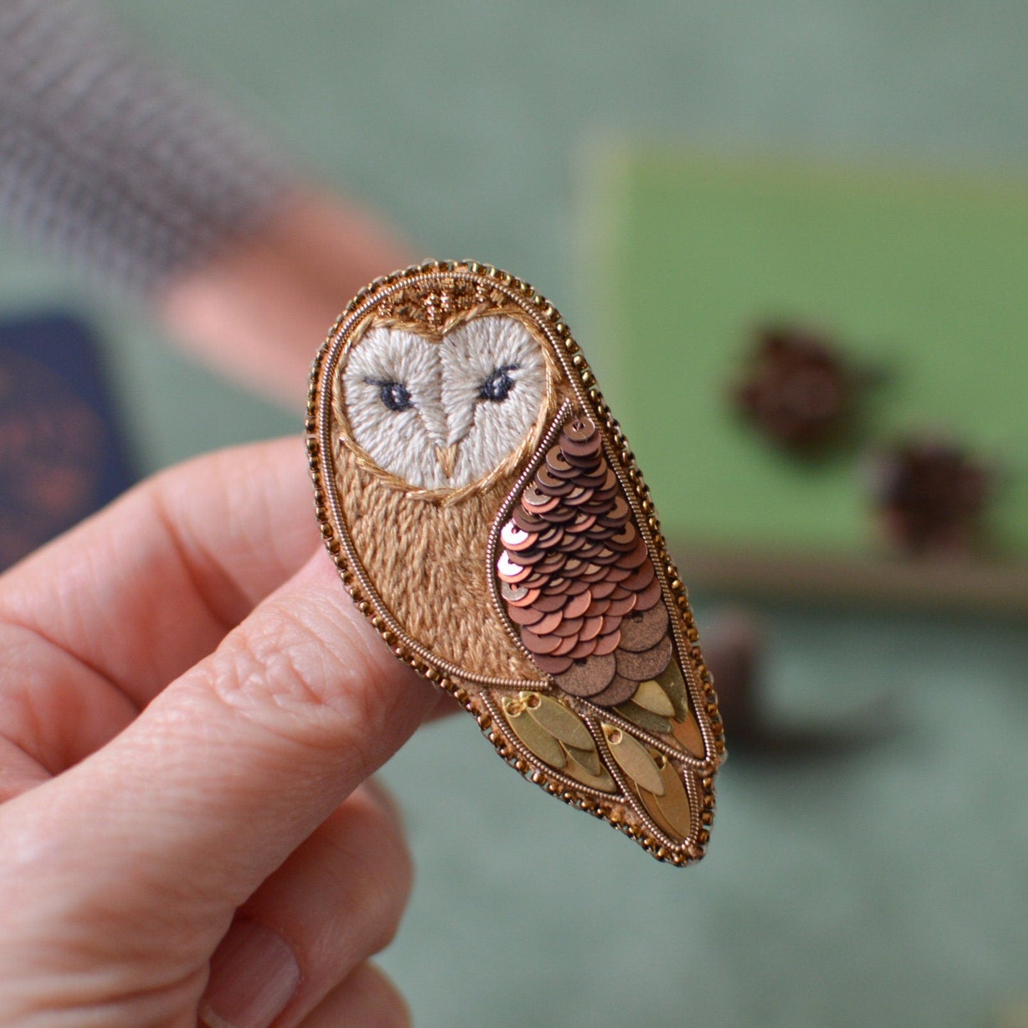 Gold Barn Owl Embroidery Brooch
