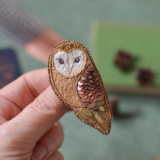 Gold Barn Owl Embroidery Brooch