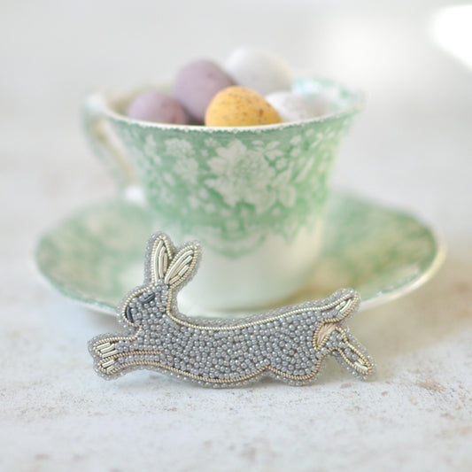 Leaping Hare Bead Embroidery Brooch