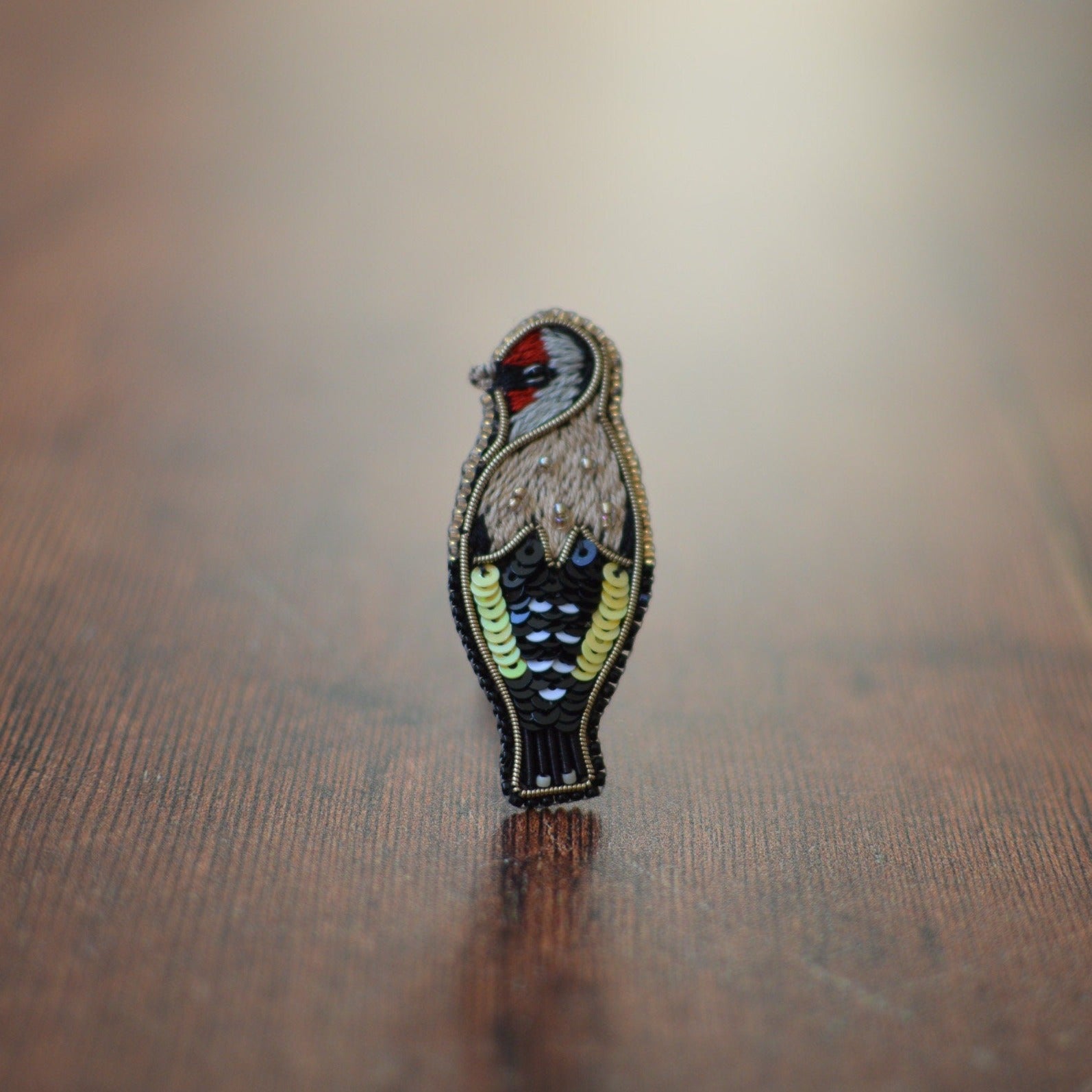 Embroidered goldfinch brooch