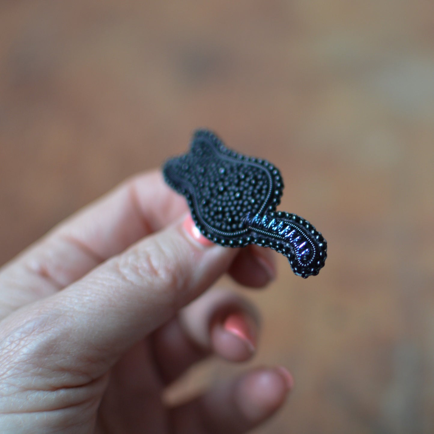 Embroidered black cat silhouette brooch