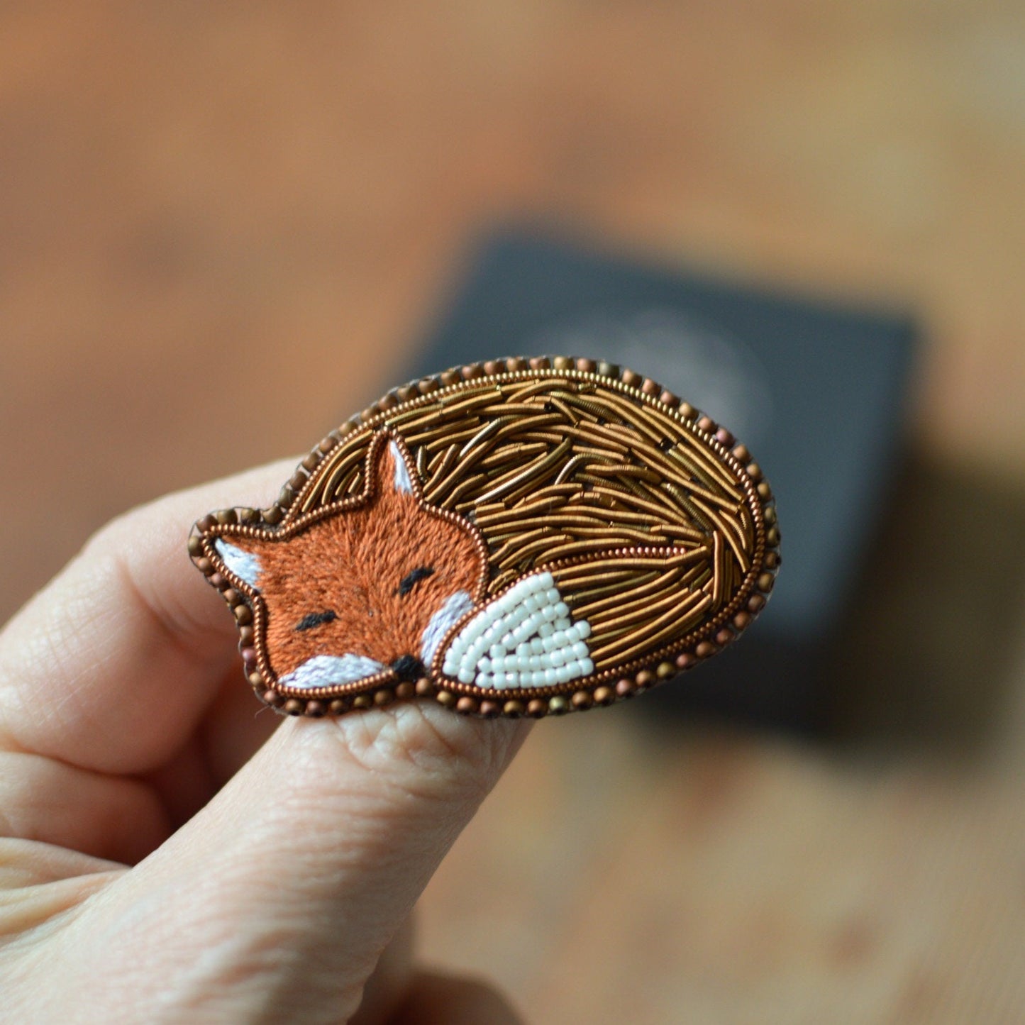 Goldwork Sleeping Fox Brooch