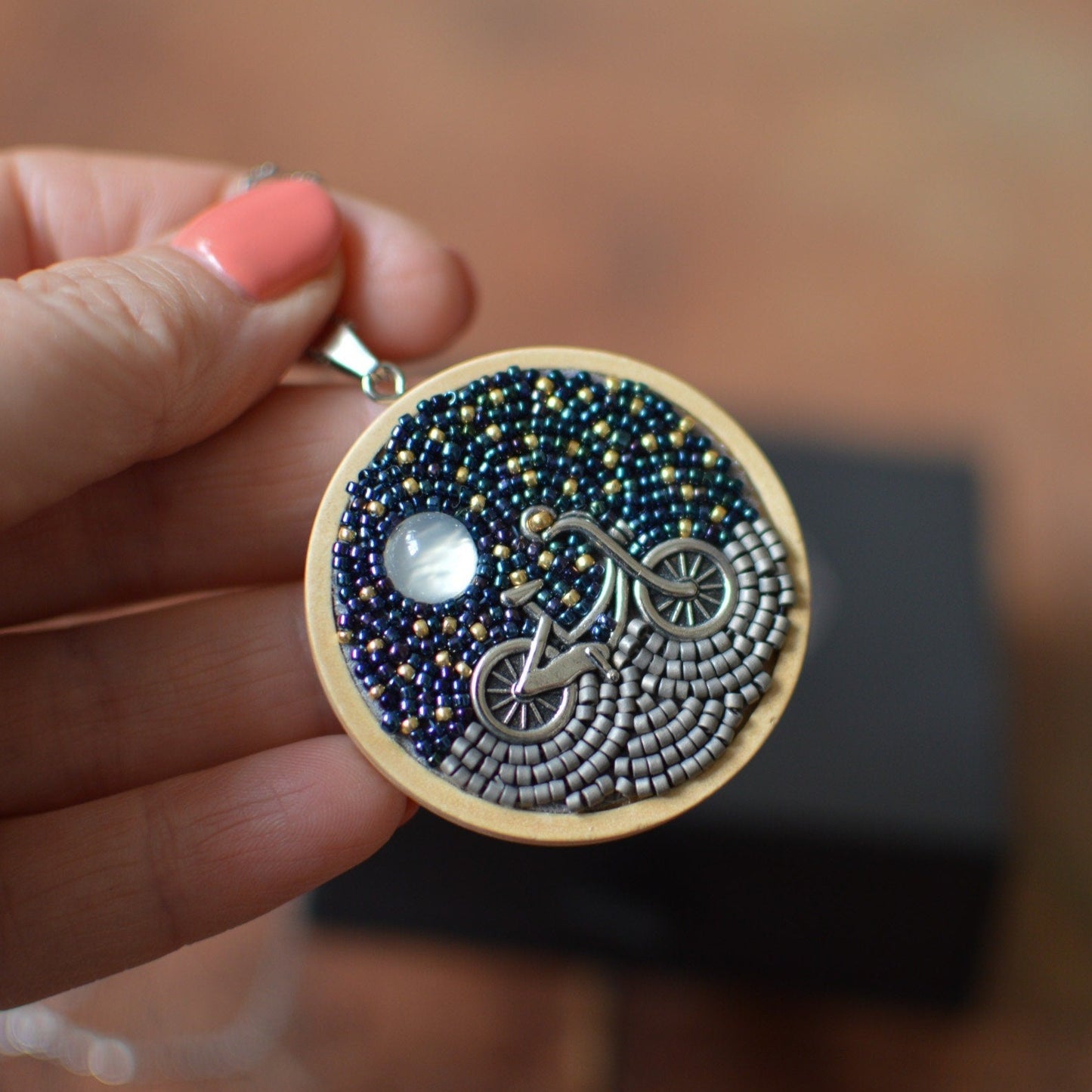 Moon, Stars and Bicycle Necklace,