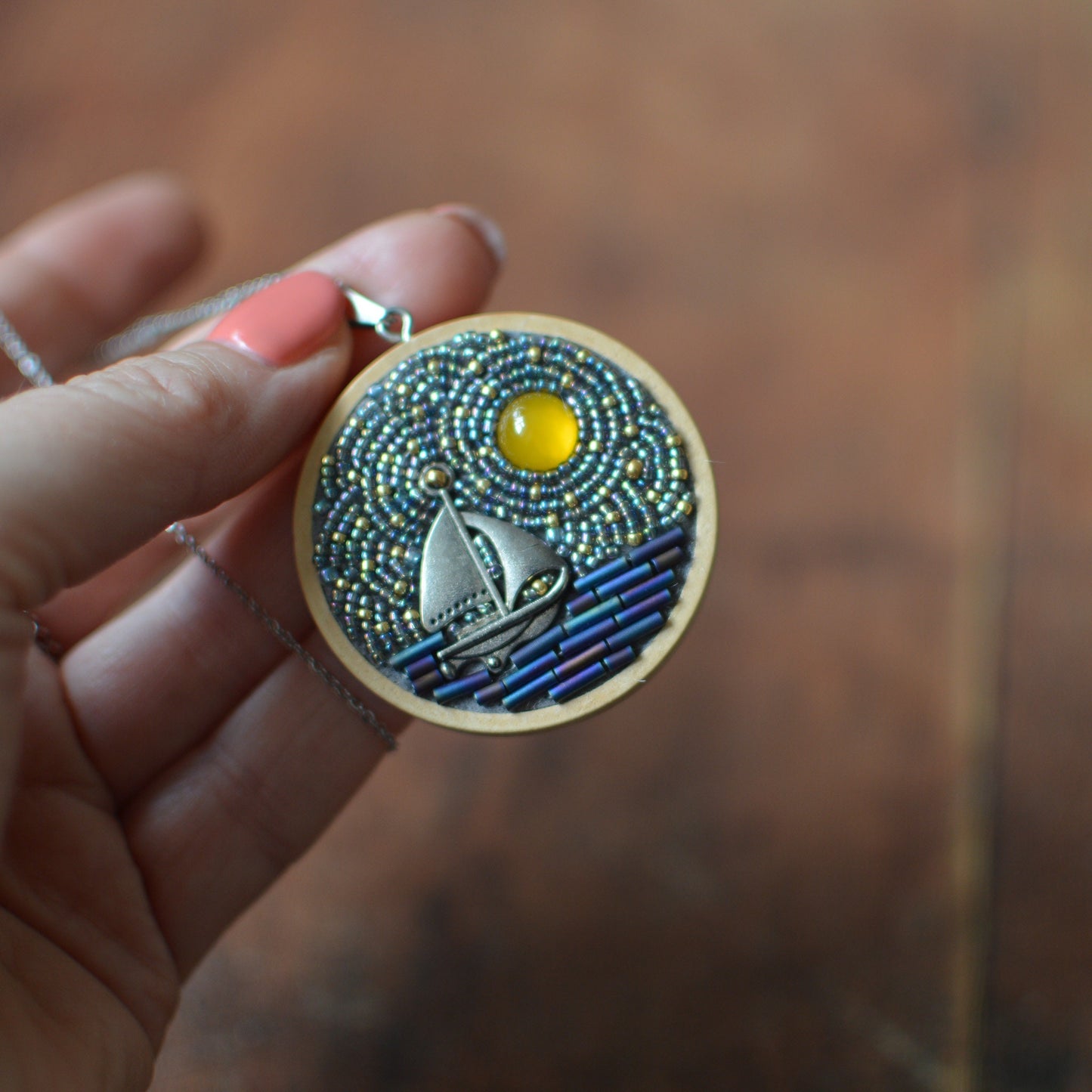 Night Sky and Sailboat Necklace, Stars and Full Moon Beaded Pendant