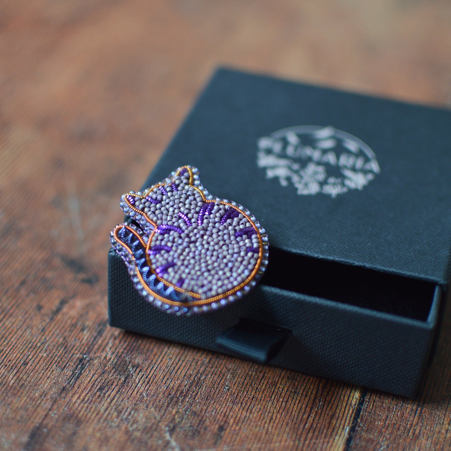 bead embroidered cat brooch