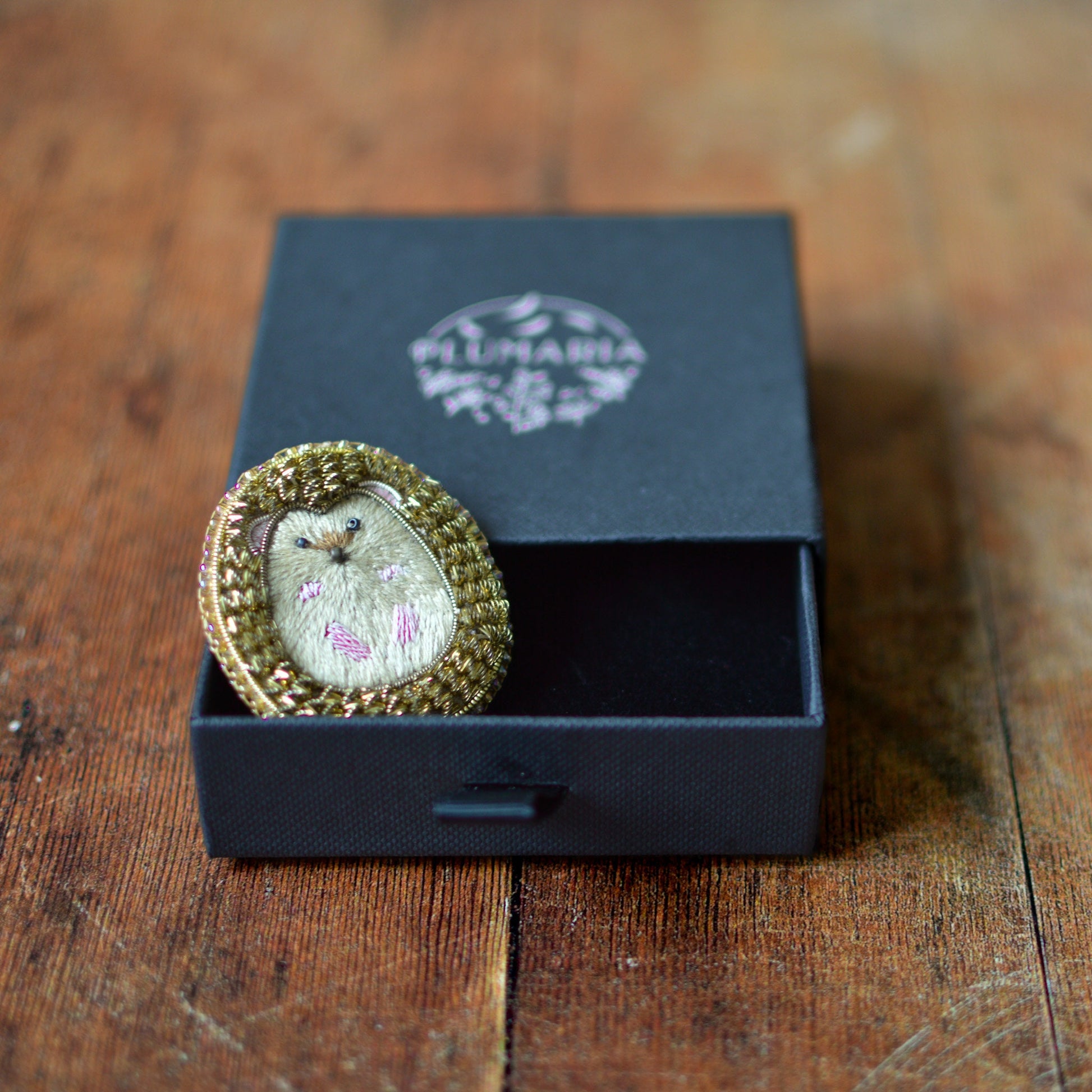 Hedgehog Goldwork Brooch kin a box