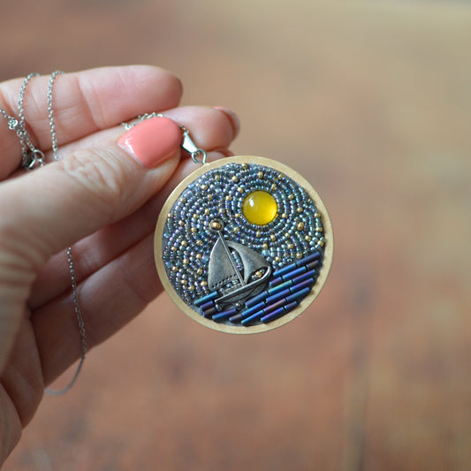 Night Sky and Sailboat Necklace, Stars and Full Moon Beaded Pendant