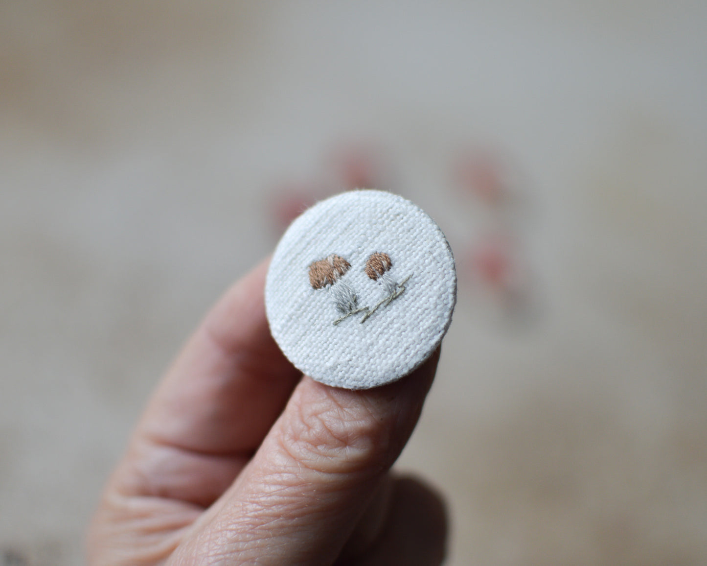 Hand-Embroidered Mushroom Brooch – Fly Agaric or Bolete on Antique Linen (3 cm)
