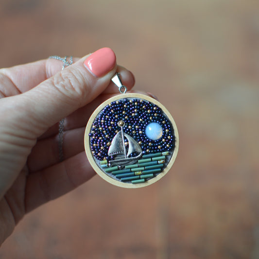 Night Sky and Sailboat Necklace, Stars and Full Moon Beaded Pendant