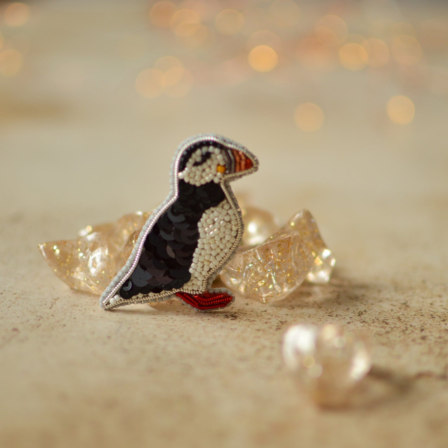 Bead Embroidered Puffin Brooch