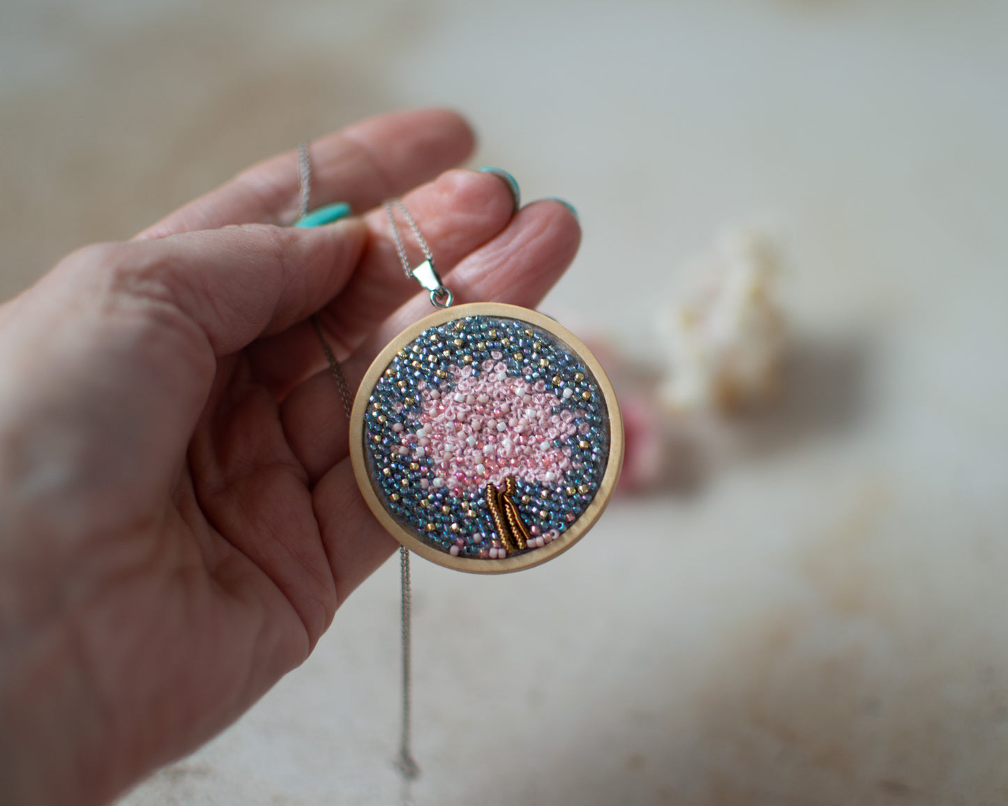 Cherry Tree Blossom Embroidered Necklace