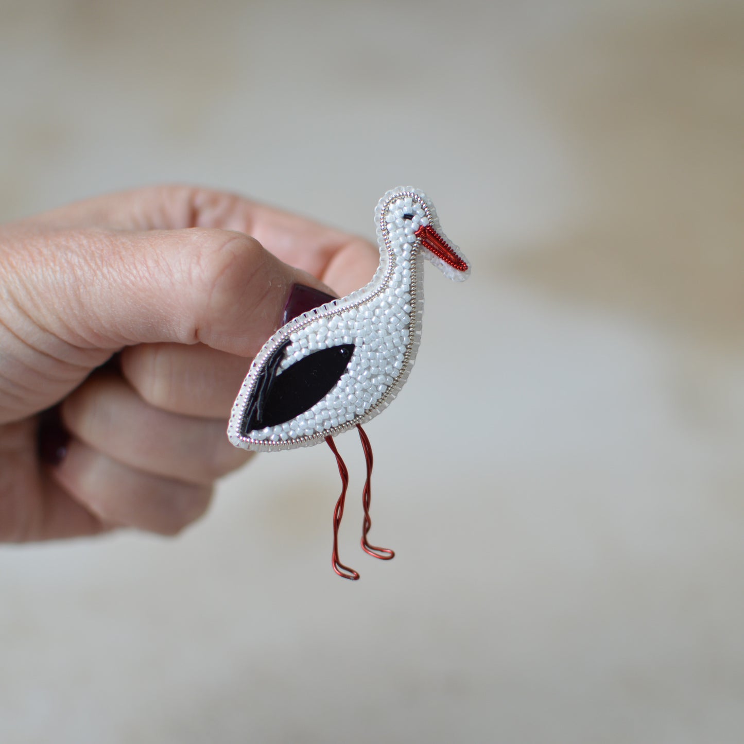 White Stork Embroidered Brooch