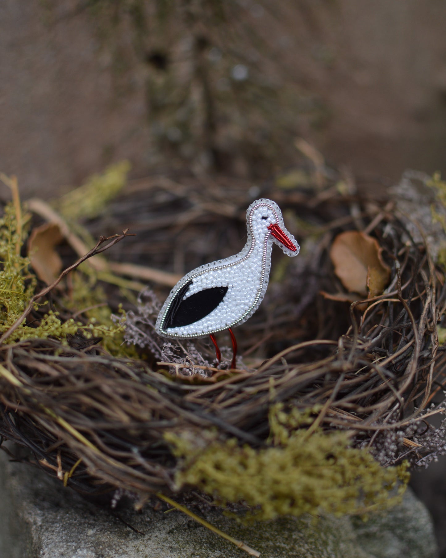 White Stork Embroidered Brooch