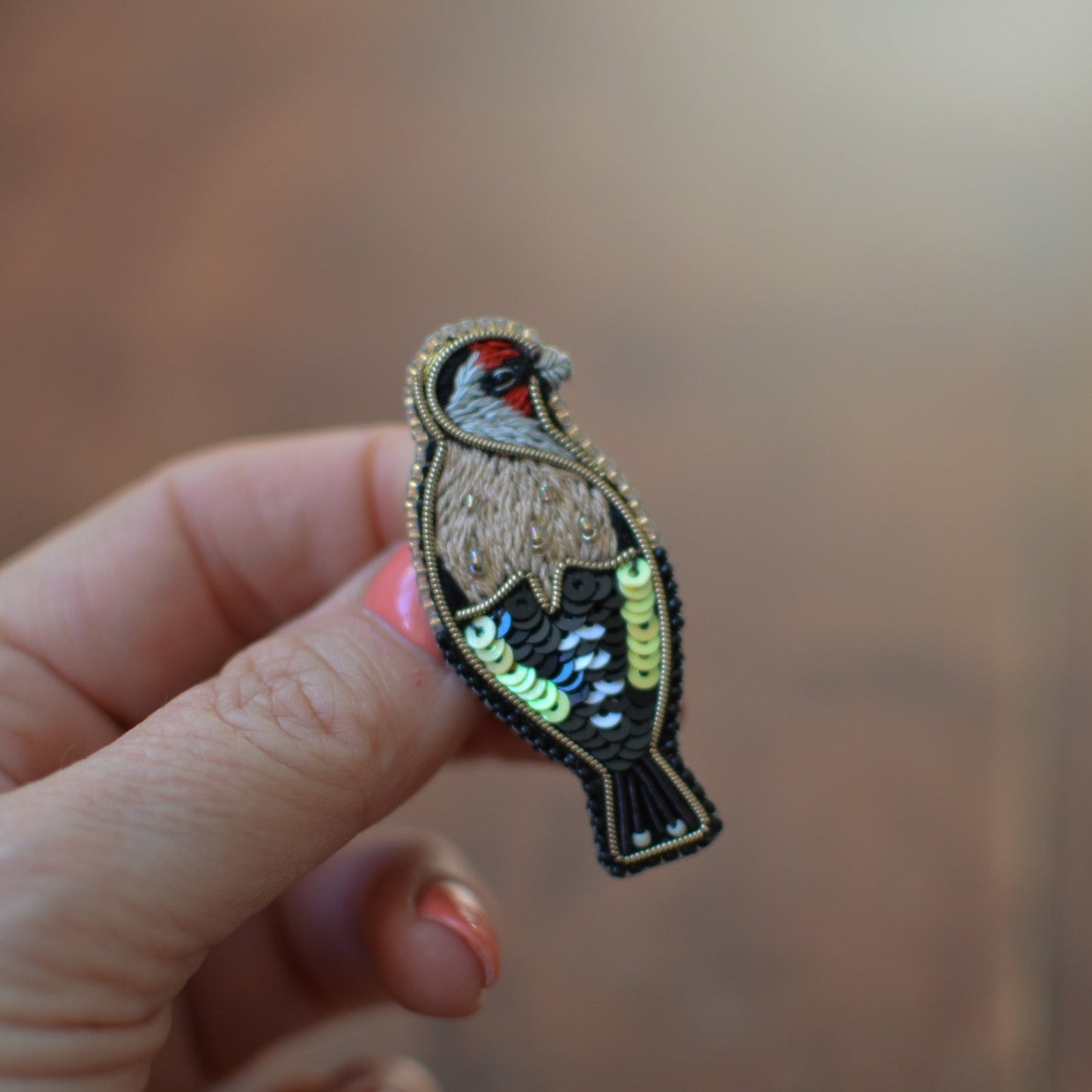 Embroidered goldfinch brooch