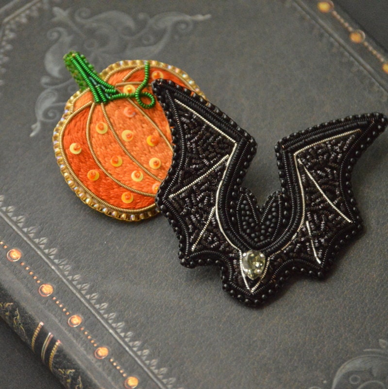 Embroidered Pumpkin and Bat Brooches