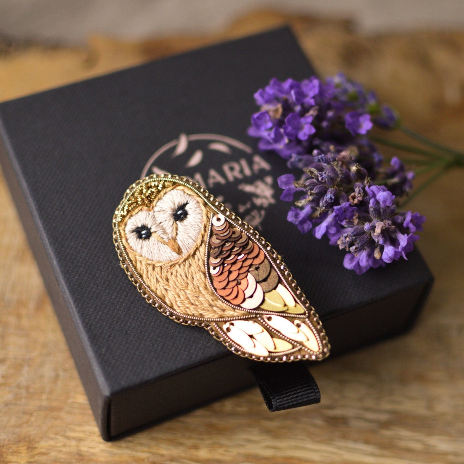 Barn Owl Brooch on Plumaria's  branded jewellery box