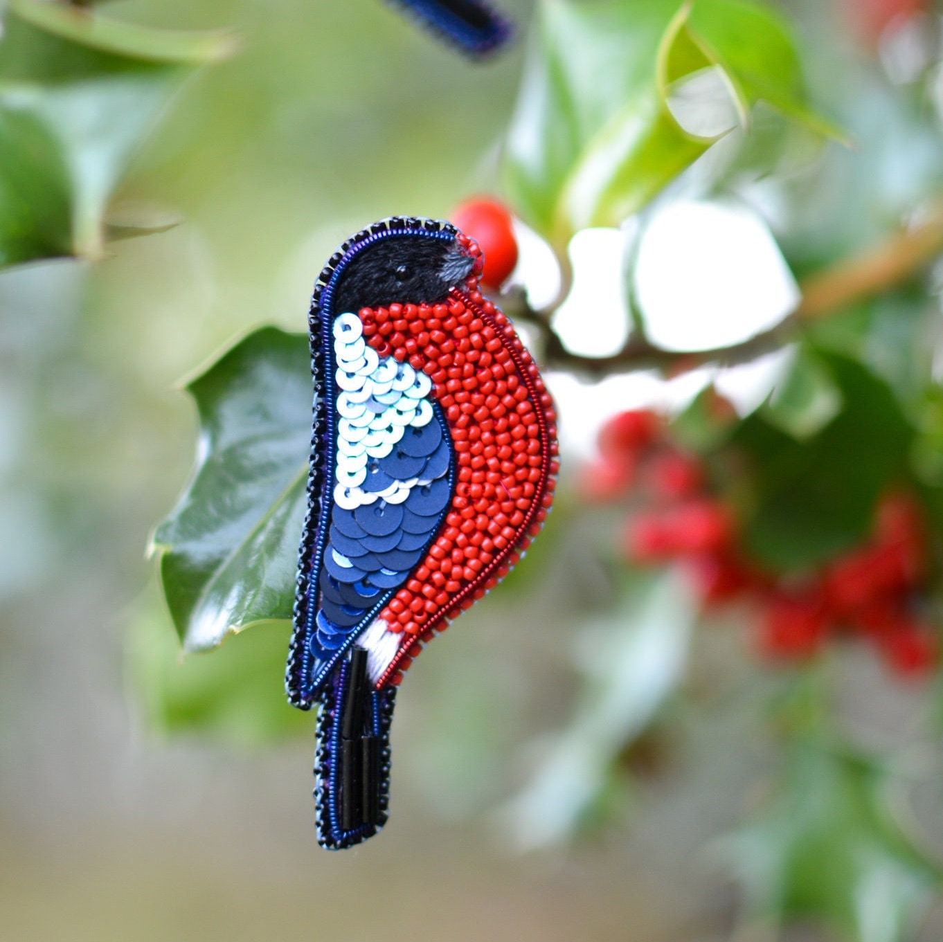 bullfinch embroidered  brooch on a branch