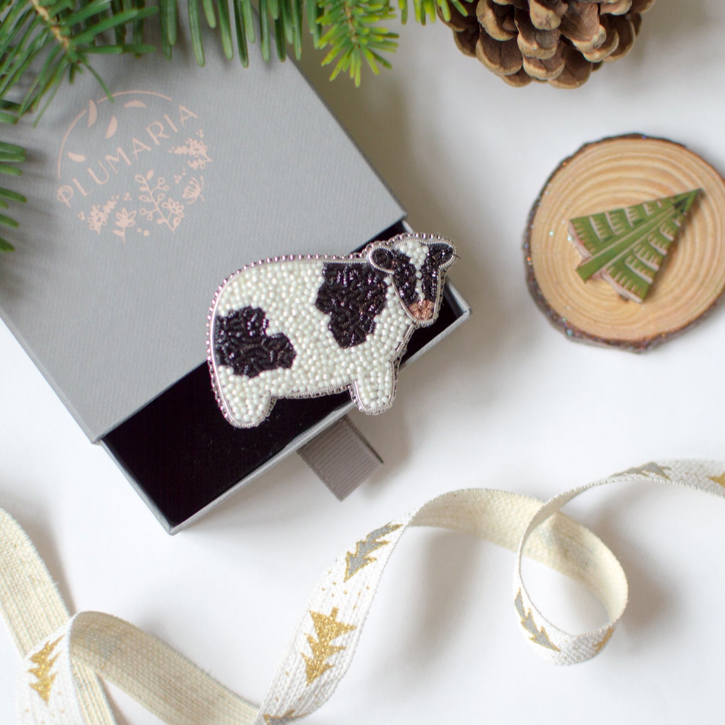 Beaded Black and White Cow Brooch