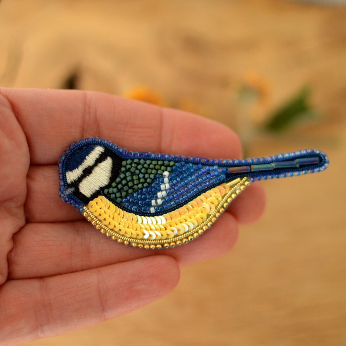 blue tit bead embroidered brooch