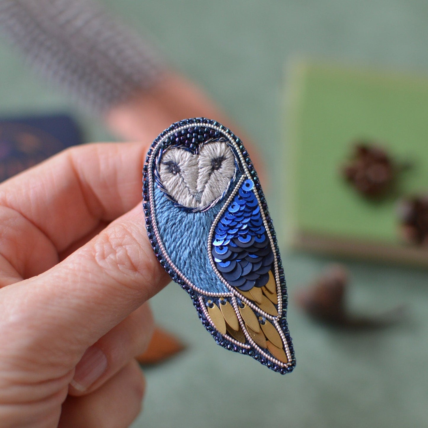 Embroidered Barn Owl Brooch in Blue