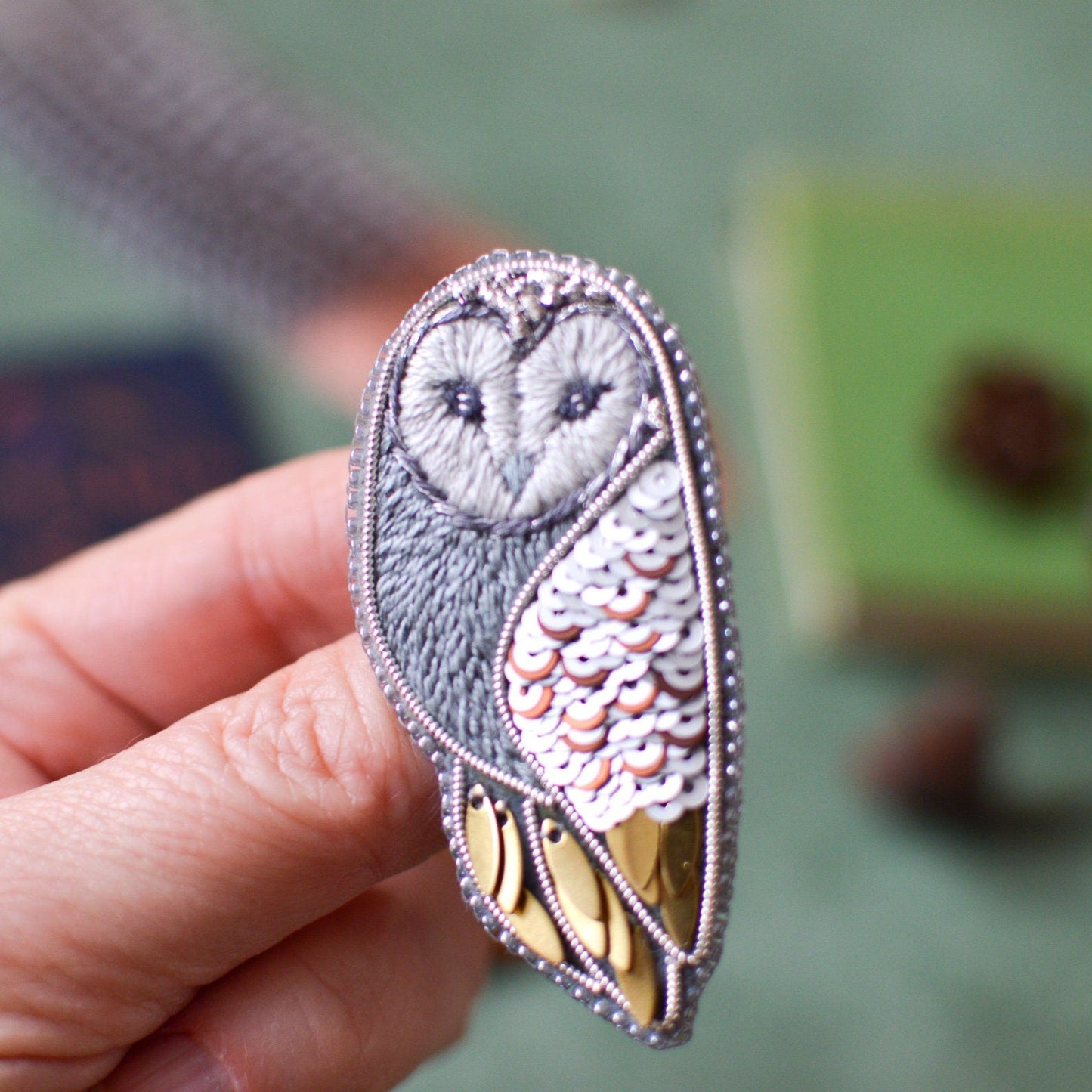 Silver Barn Owl Embroidery Brooch