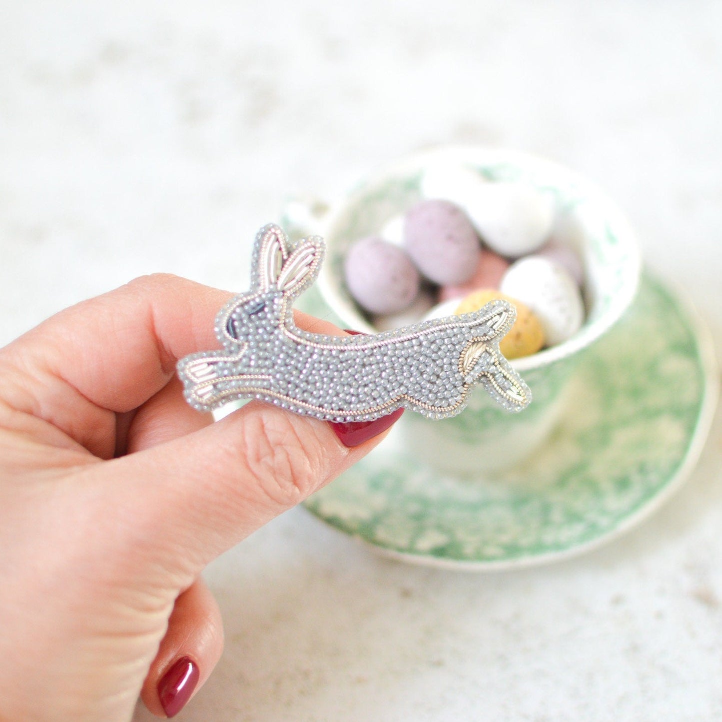 Leaping Hare Bead Embroidery Brooch