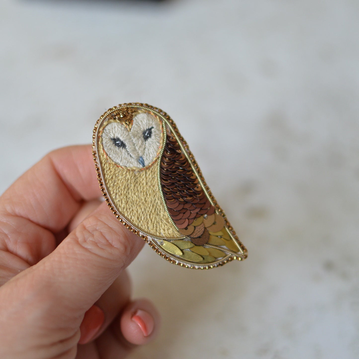 Gold Barn Owl Embroidery Brooch