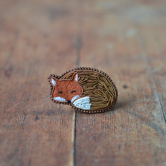 Goldwork Sleeping Fox Brooch