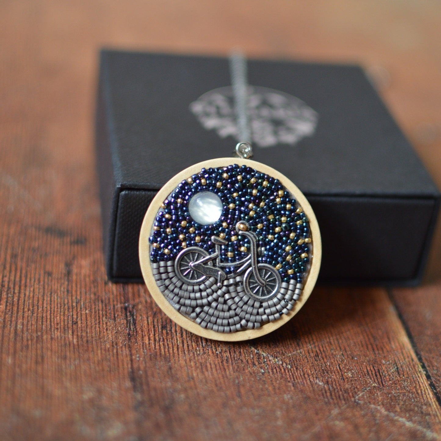 Bead embroidery bicycle and starry night necklace
