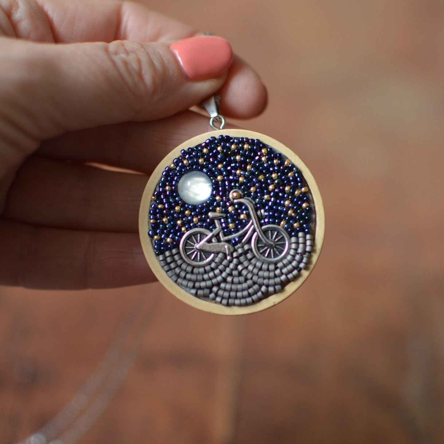Bead embroidery bicycle and starry night necklace