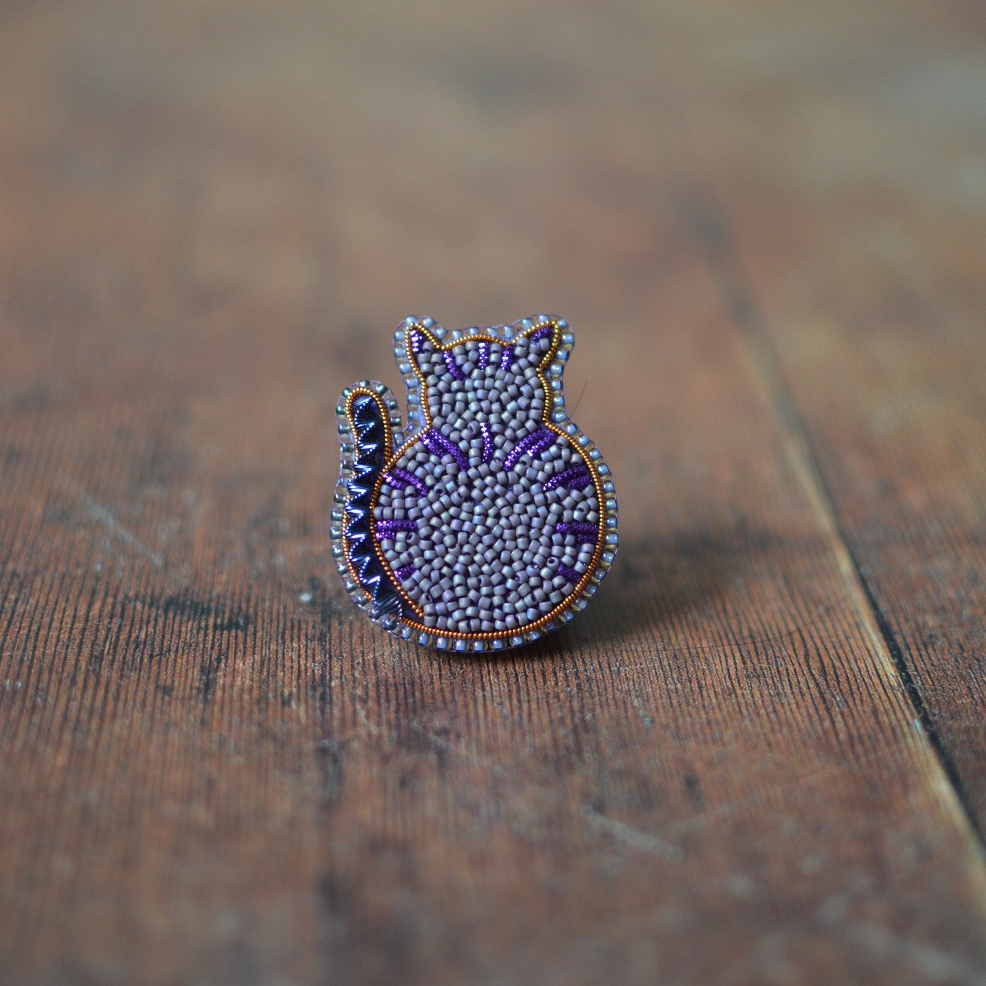 Bead embroidery purple cat brooch