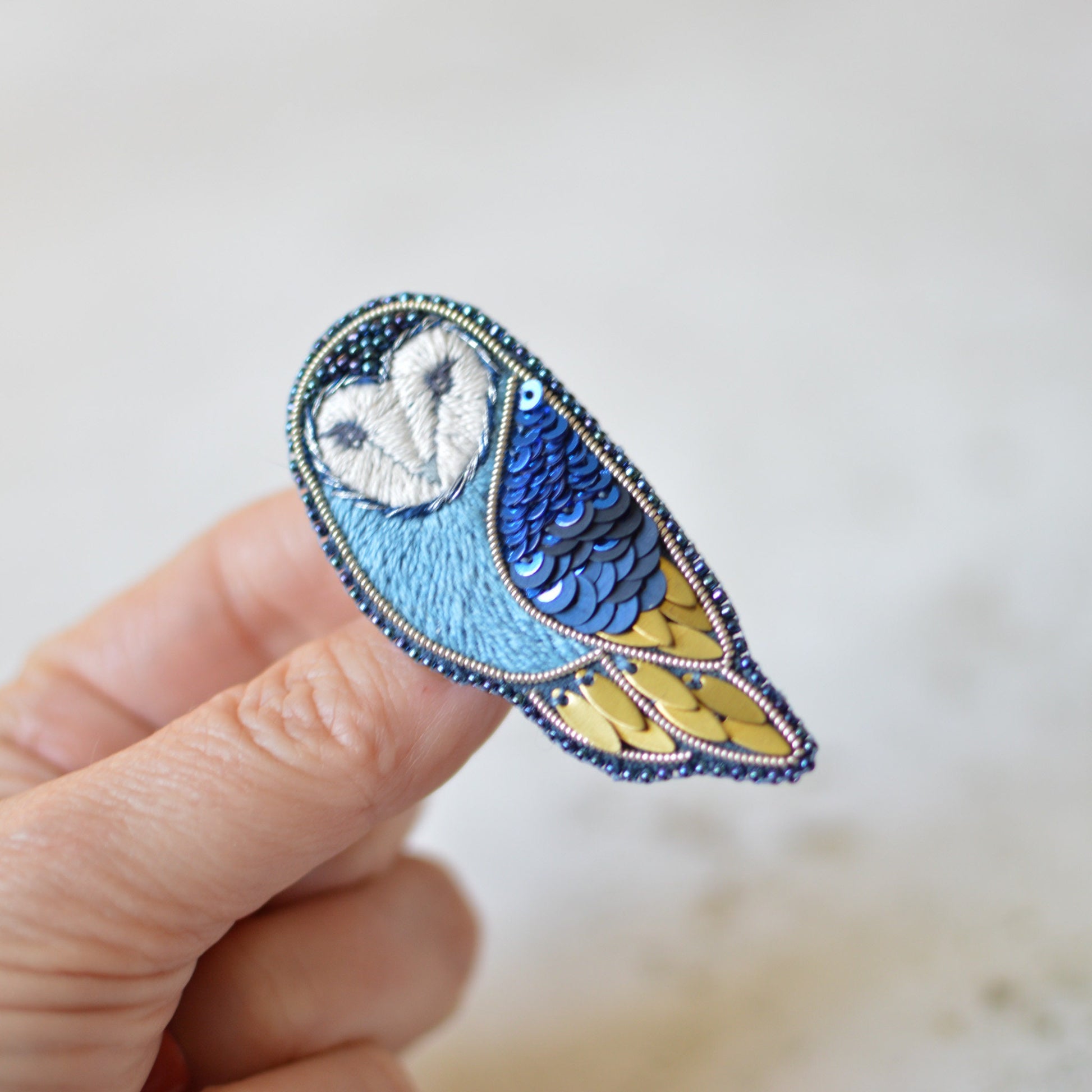 Blue Embroidered Barn Owl Brooch