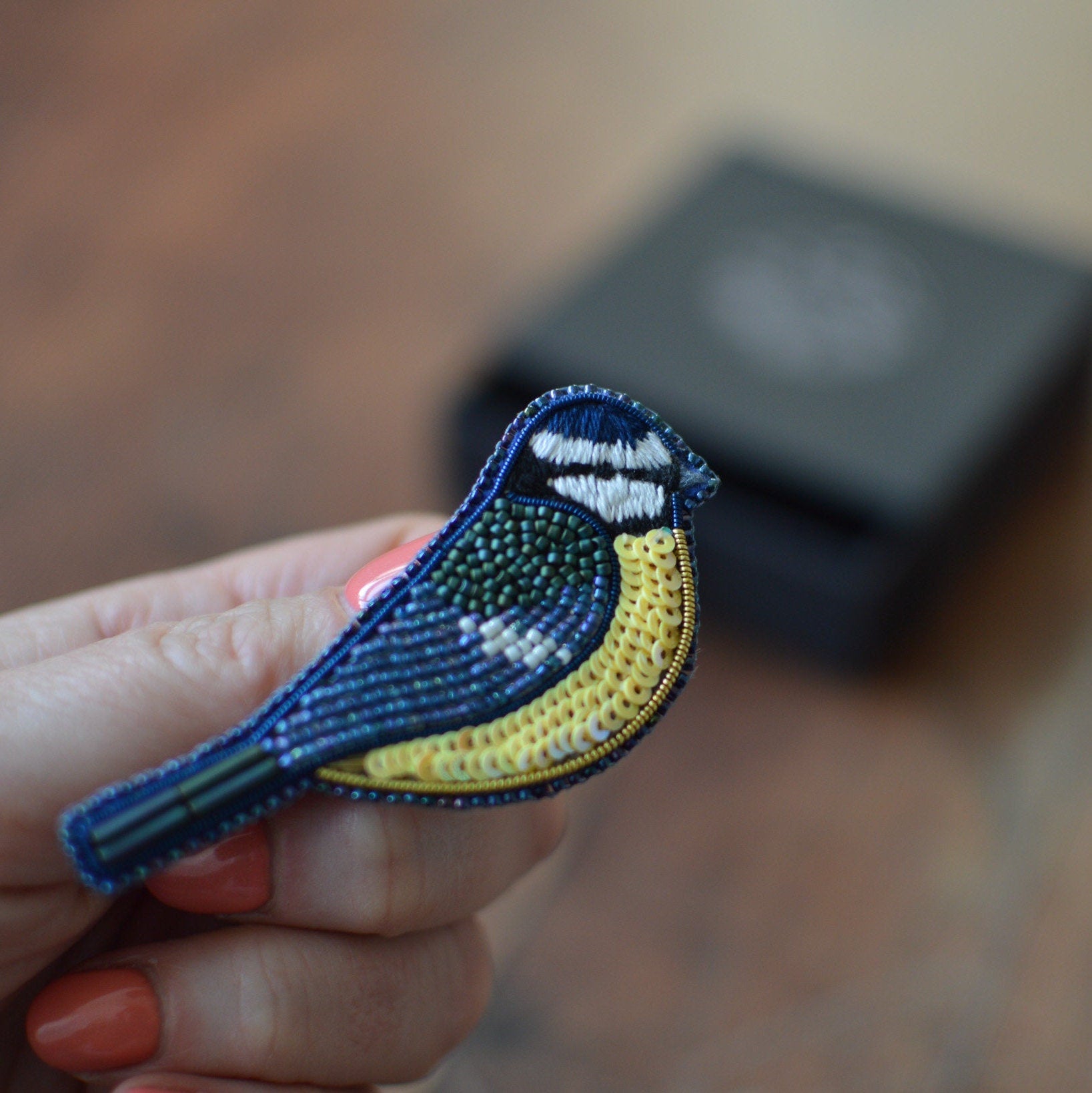 blue tit bead embroidered brooch
