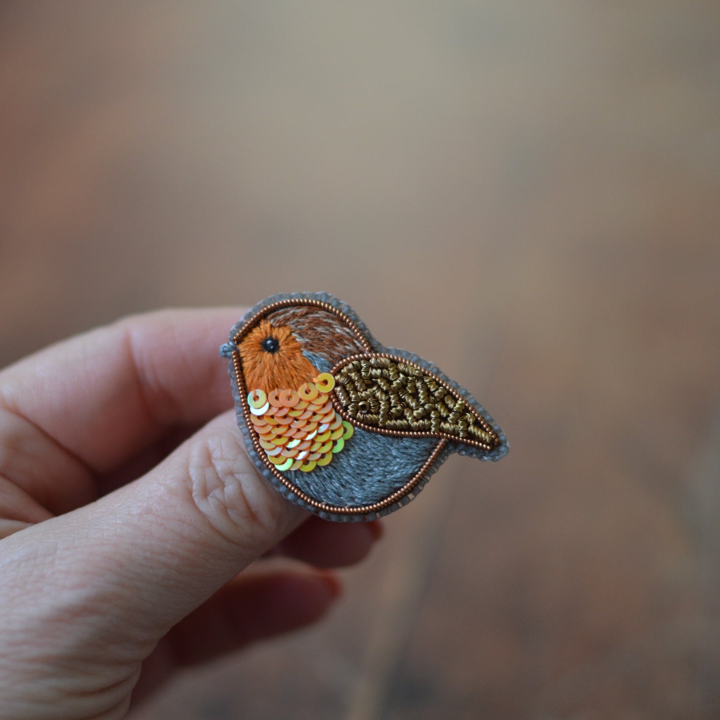 Embroidered robin brooch