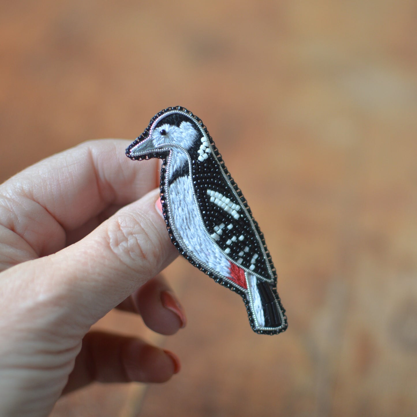 Great Spotted Woodpecker Embroidered Brooch